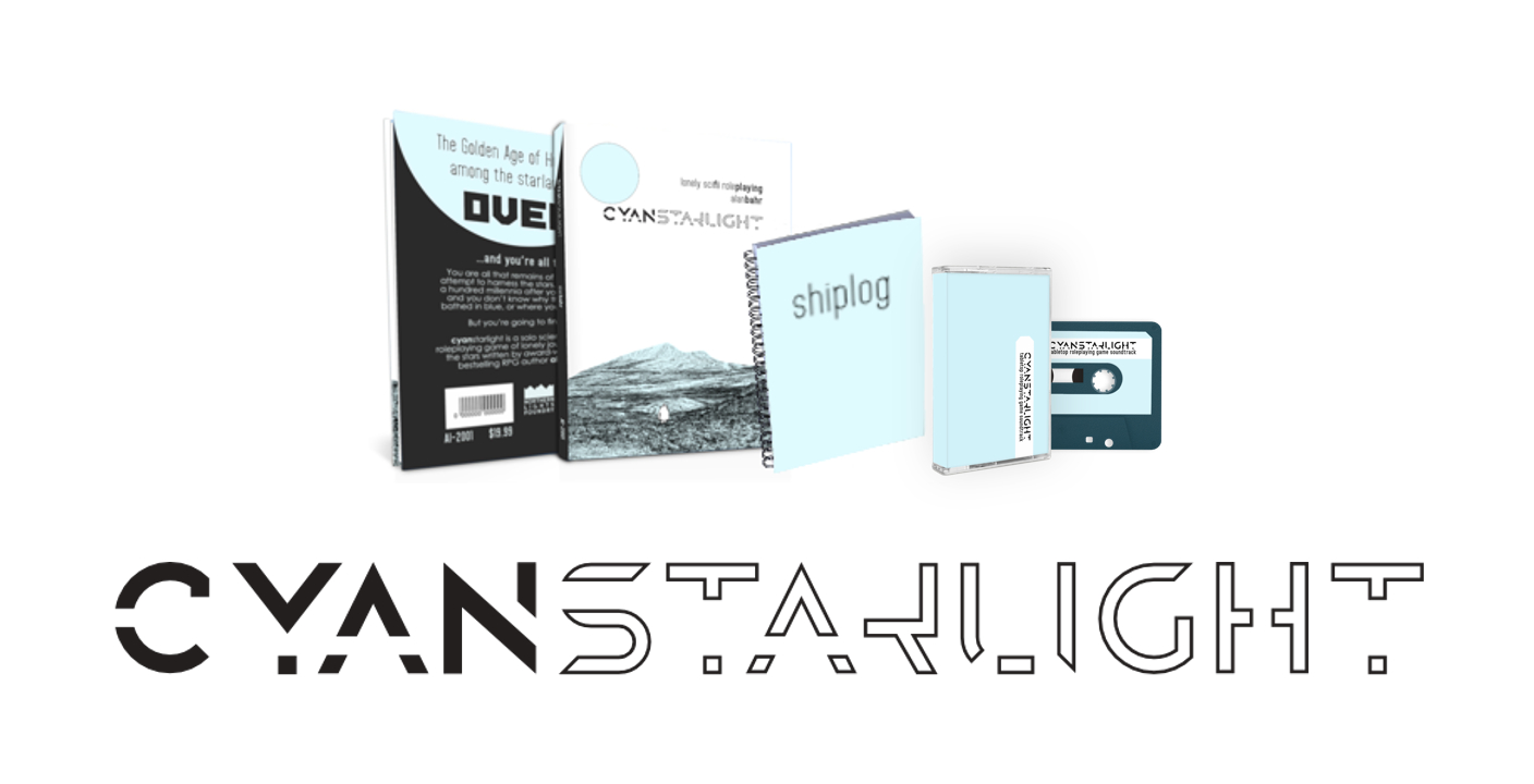 rendering of cyanstarlight hardcover, journal, and cassette mockups